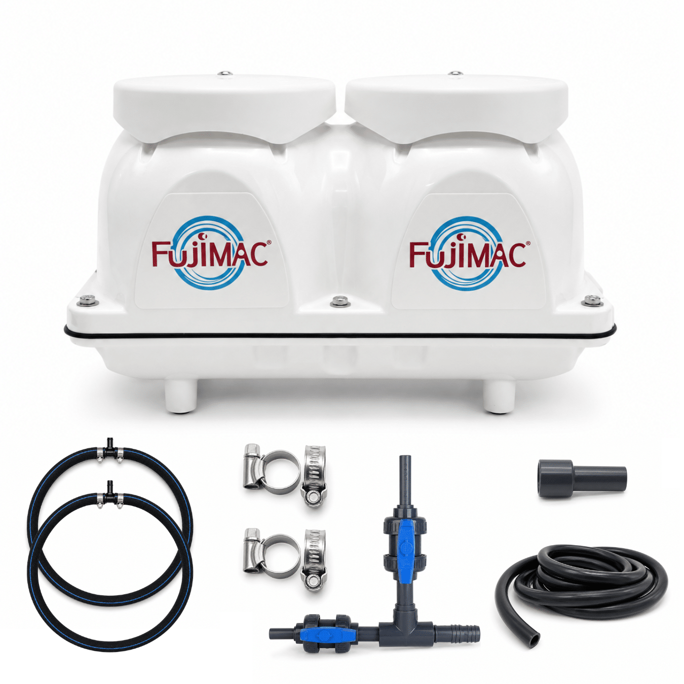 Fujimac 150 | 10m luchtslang zinkend Ø12mm + 2 x beluchtingsring met inox Ø65mm + PVC-verdeler + slangklemmen Fujimac 150 | 10m luchtslang zinkend Ø12mm + 2 x beluchtingsring met inox Ø65mm + PVC-verdeler + slangklemmen
