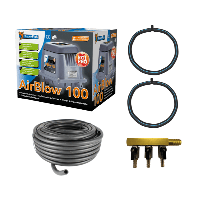 KOMPLETT SET Air Blow 100 + 10m Sinkluftschlauch Ø8mm + Luftverteiler 2-Wege + 2 japanische Belüfterringe + Klemmringe KOMPLETT SET Air Blow 100 + 10m Sinkluftschlauch Ø8mm + Luftverteiler 2-Wege + 2 japanische Belüfterringe + Klemmringe