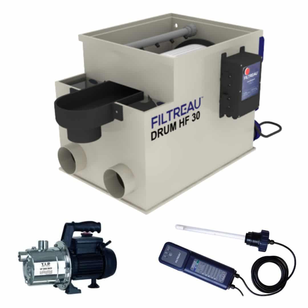 Filtre à tambour Filtreau HF30 | Moteur SPG XL - version pompée | Complet avec UV-C et pompe de rinçage Filtre à tambour Filtreau HF30 | Moteur SPG XL - version pompée | Complet avec UV-C et pompe de rinçage
